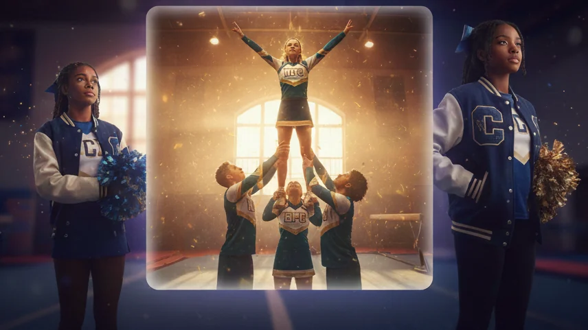A cheer team stunting in a pyramid